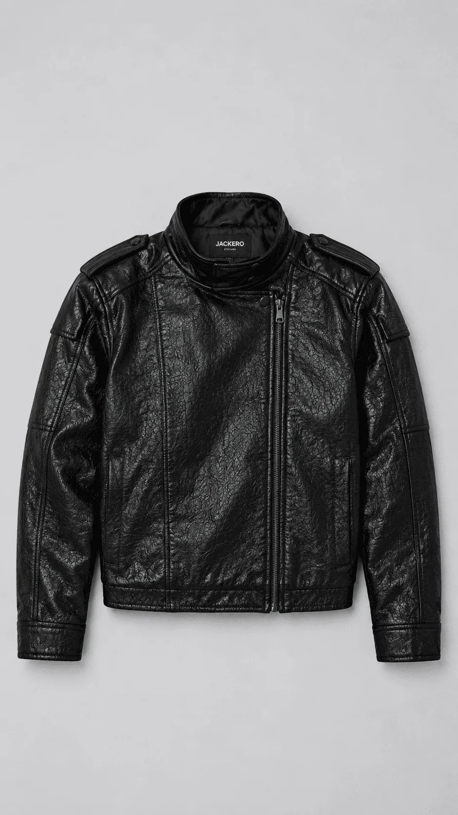 BLACK WRAP-AROUND HIGH NECK LEATHER OVERSIZED JACKET