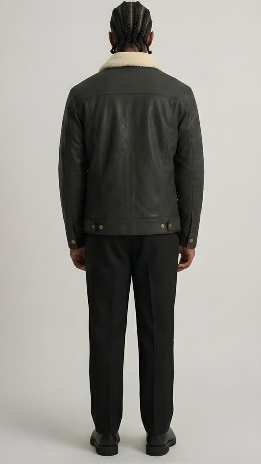 BLACK LEATHER TRUCKER JACKET WITH CREAM SHEARLING COLLAR
