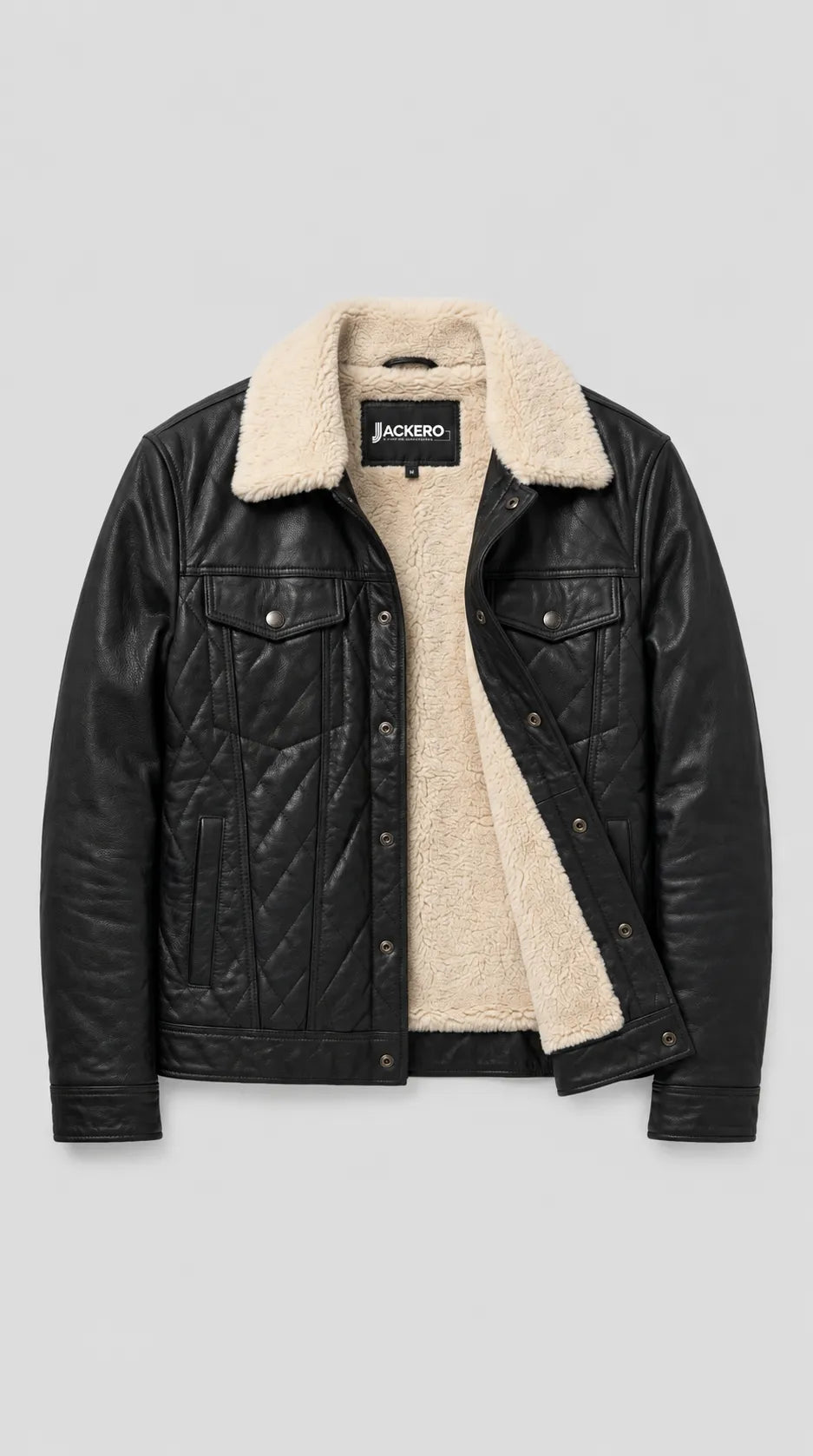 BLACK LEATHER TRUCKER JACKET WITH CREAM SHEARLING COLLAR
