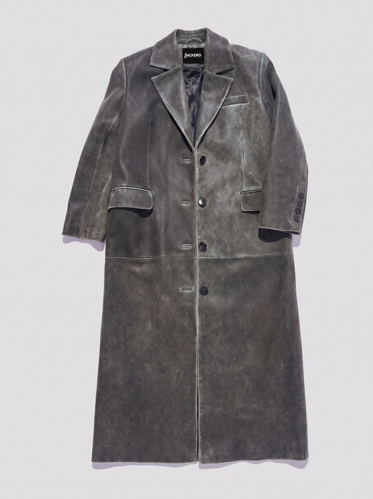 DARK GREY DISTRESSED LEATHER OVERCOAT