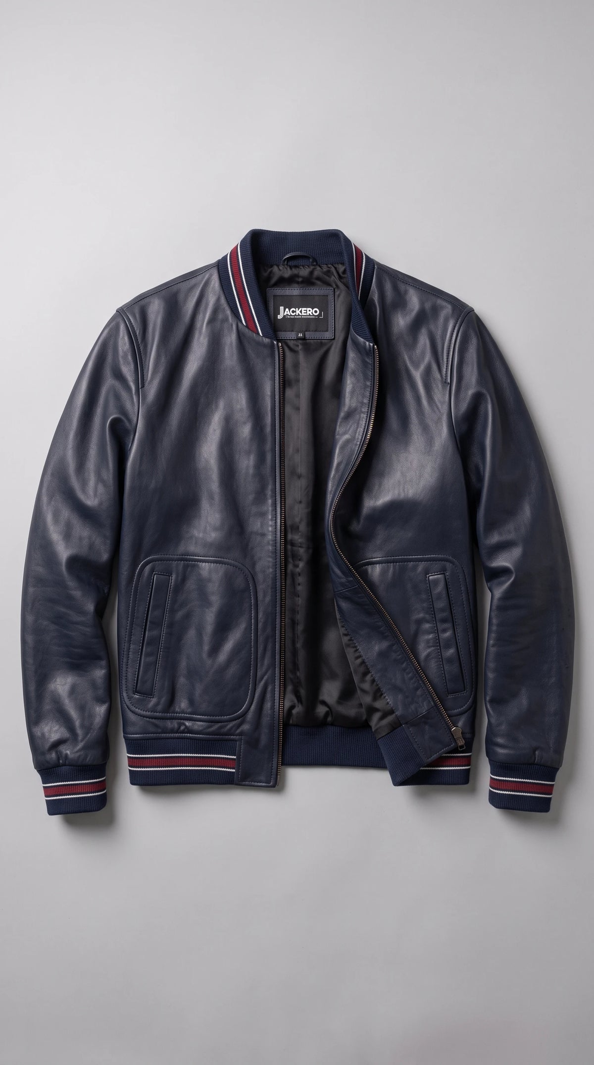 DARK BLUE LEATHER BOMBER JACKET