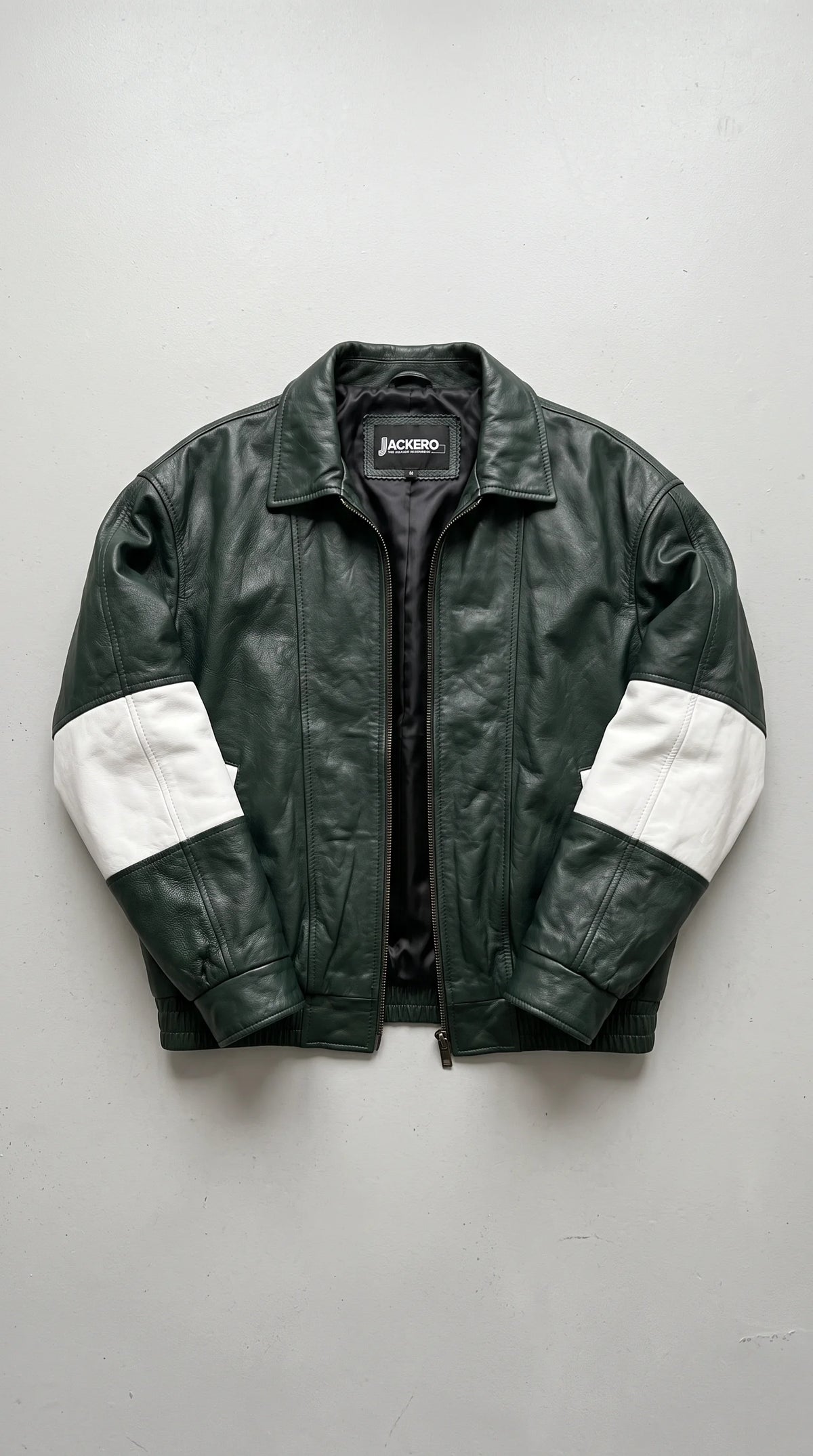 DARK GREEN WITH WHITE STRIPED OVERSIZED LEATHER JACKET
