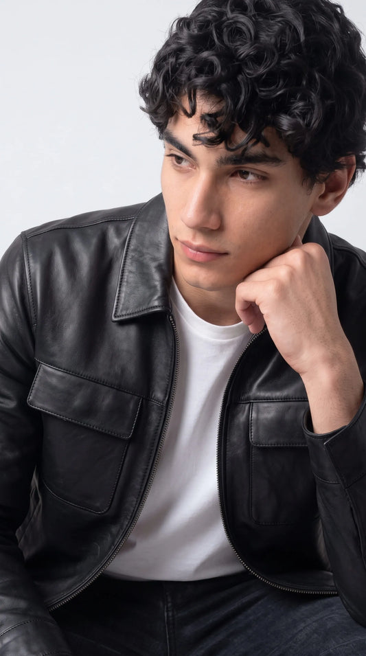 DARK BLACK LEATHER BOMBER JACKET