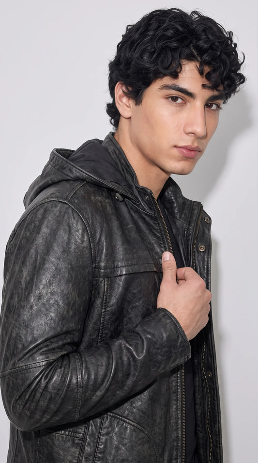 BLACK LEATHER JACKET WITH HOOD