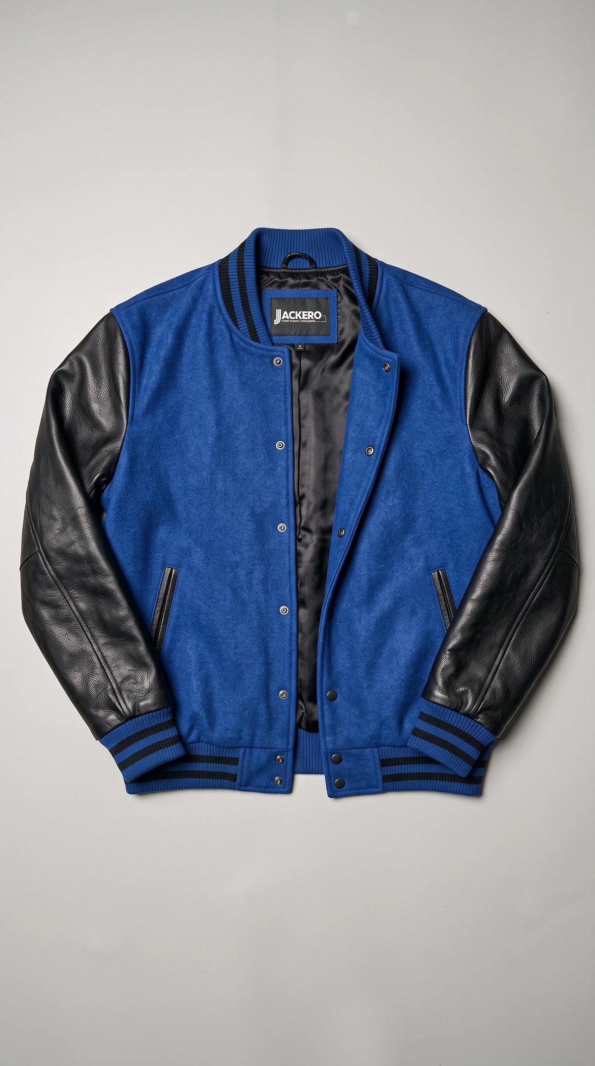 BLUE SUEDE & BLACK LEATHER VARSITY JACKET