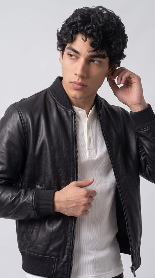 BLACK LEATHER BOMBER JACKET