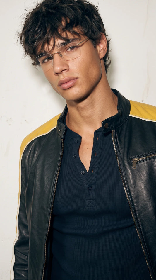 BLACK, YELLOW & WHITE TRICOLOR LEATHER CAFE RACER JACKET