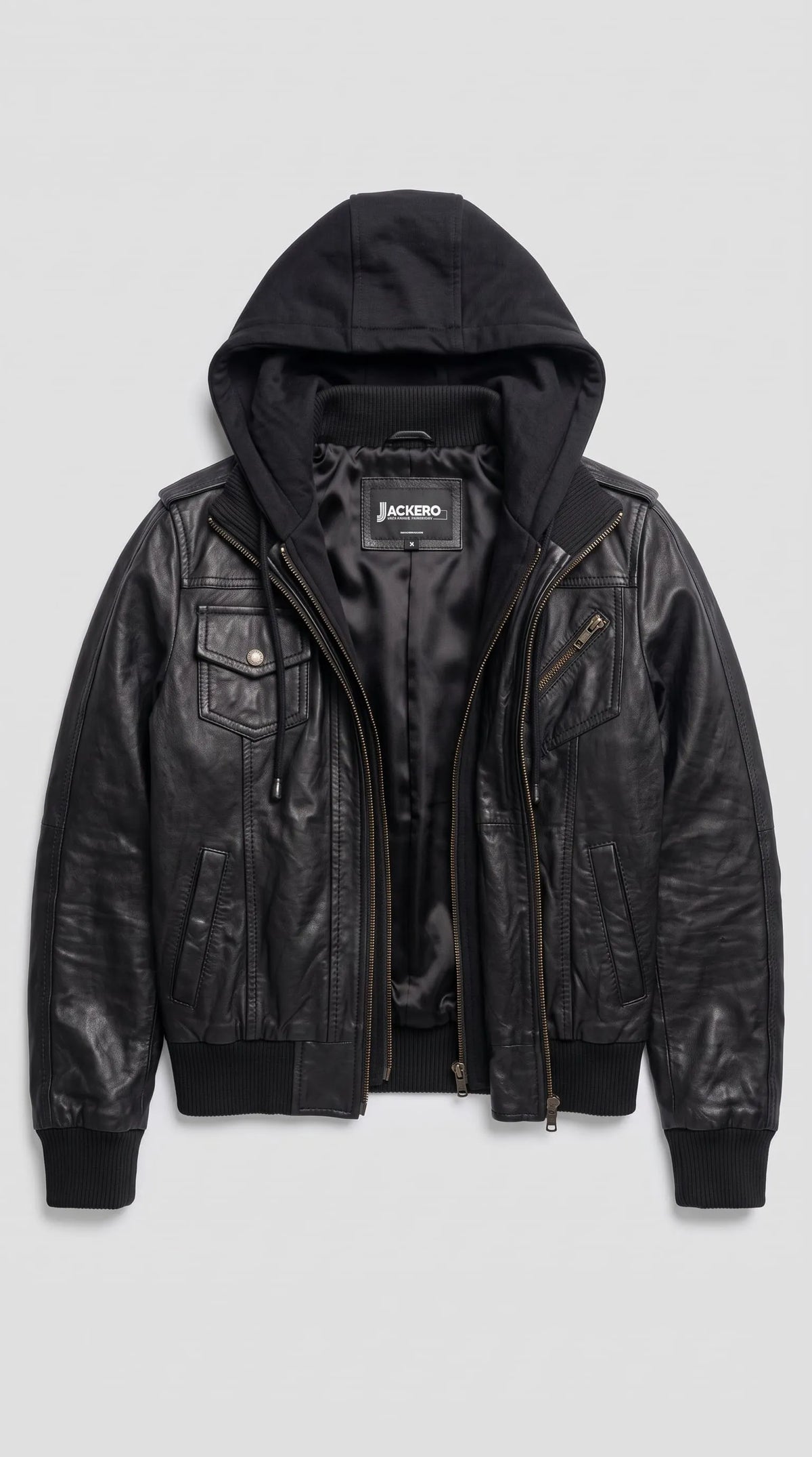 BLACK LEATHER HOODED YK2 BOMBER JACKET