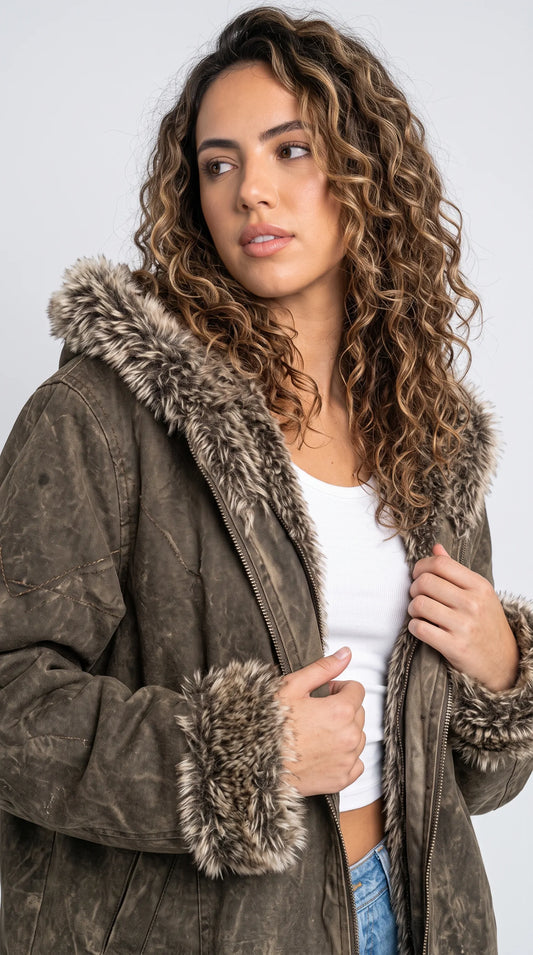 DARKEST OLIVE SUEDE BAGGY OVERSIZED VINTAGE YK2 JACKET WITH FUR