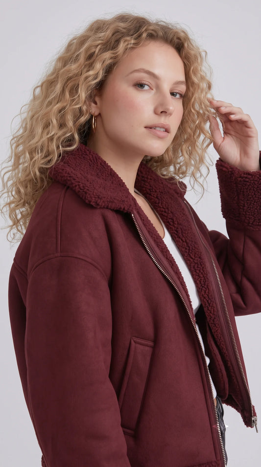 DARK MAROON SUEDE AVIATOR JACKET WITH SHEARLING