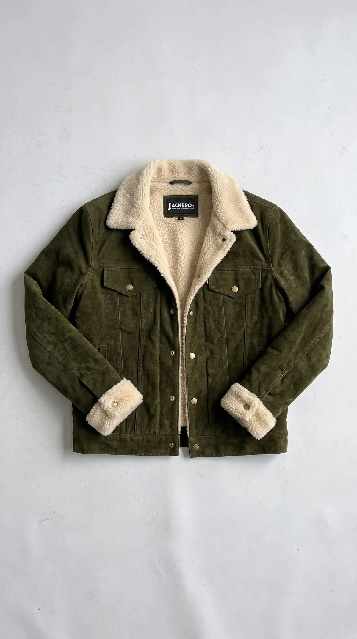 OLIVE SUEDE DENIM JACKET WITH OFF-WHITE FAUX SHEARLING