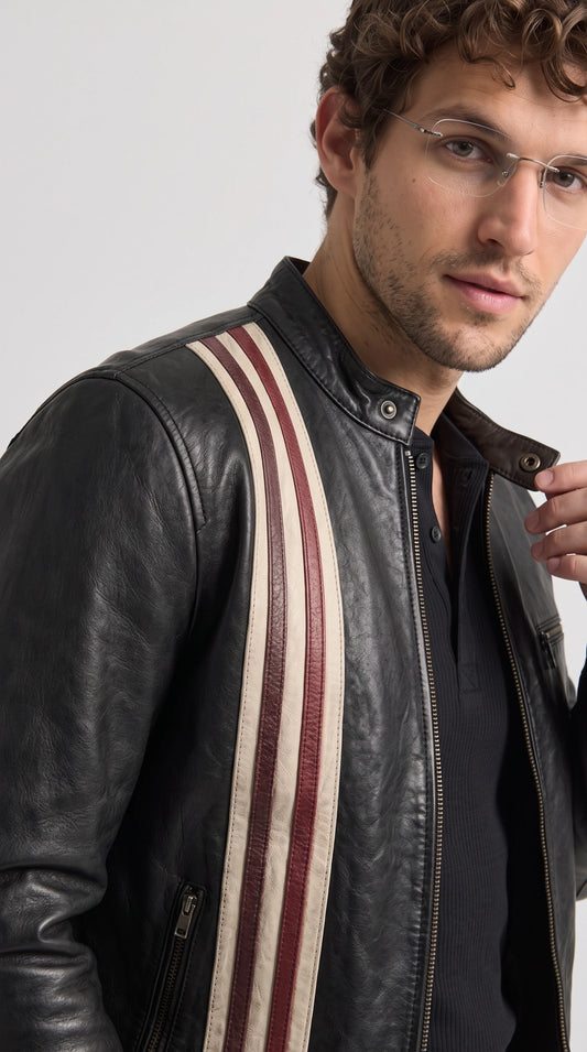 DARK BLACK STRIPED LEATHER JACKET