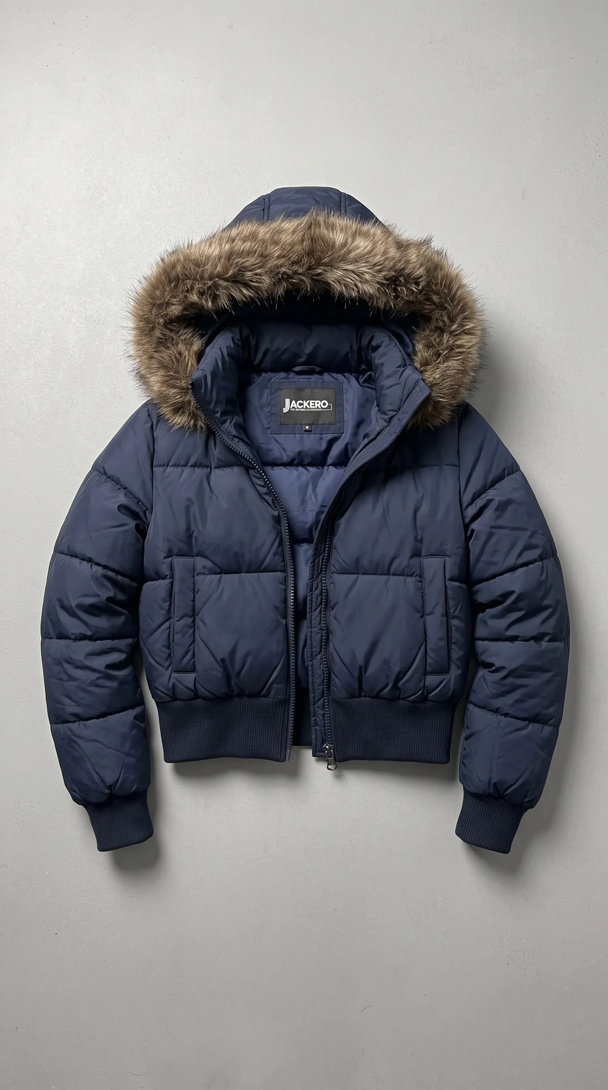 DARK NAVY PUFFER HIGH-WAIST CROPPED JACKET WITH FUR HOOD