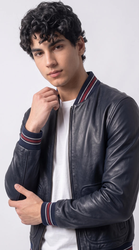 DARK BLUE LEATHER BOMBER JACKET