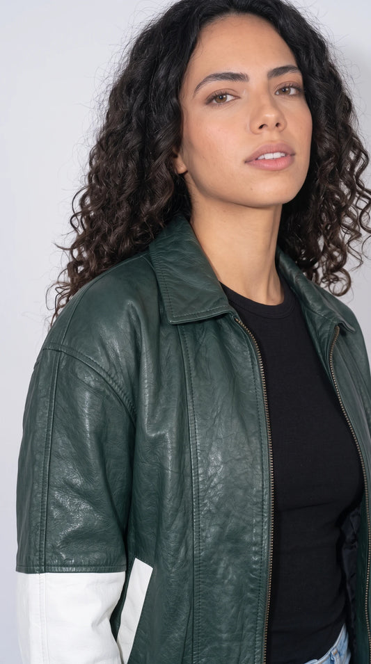 DARK GREEN WITH WHITE STRIPED OVERSIZED LEATHER JACKET