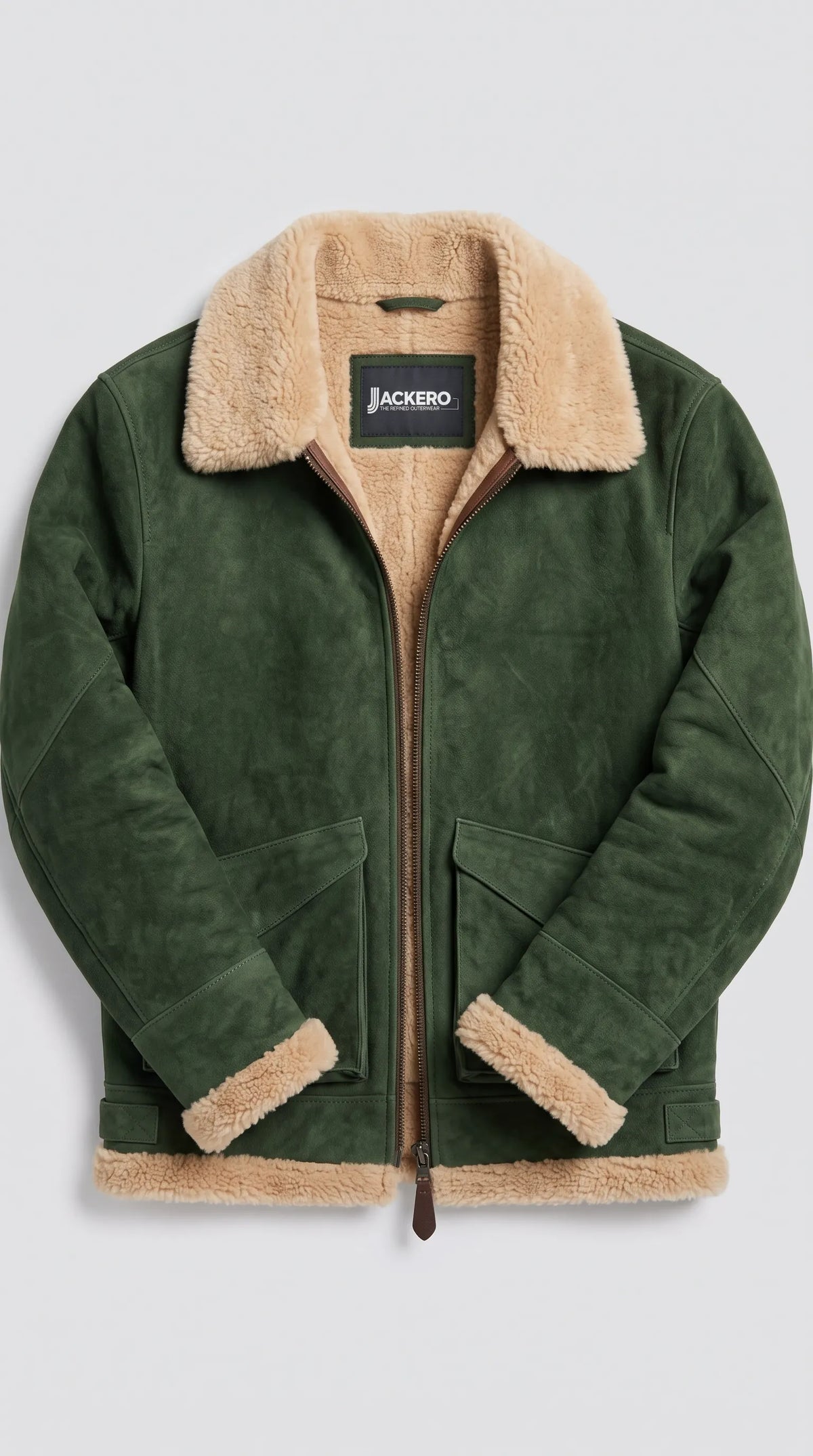 OLIVE GREEN SUEDE AVIATOR JACKET WITH CREAM SHEARLING
