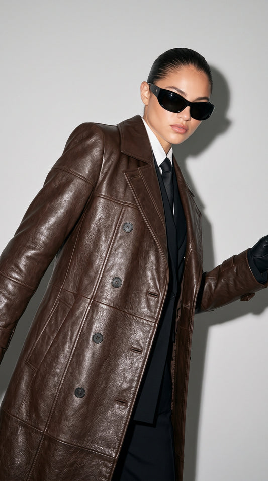 DARK CHOCOLATE BROWN LONG LEATHER TRENCH COAT