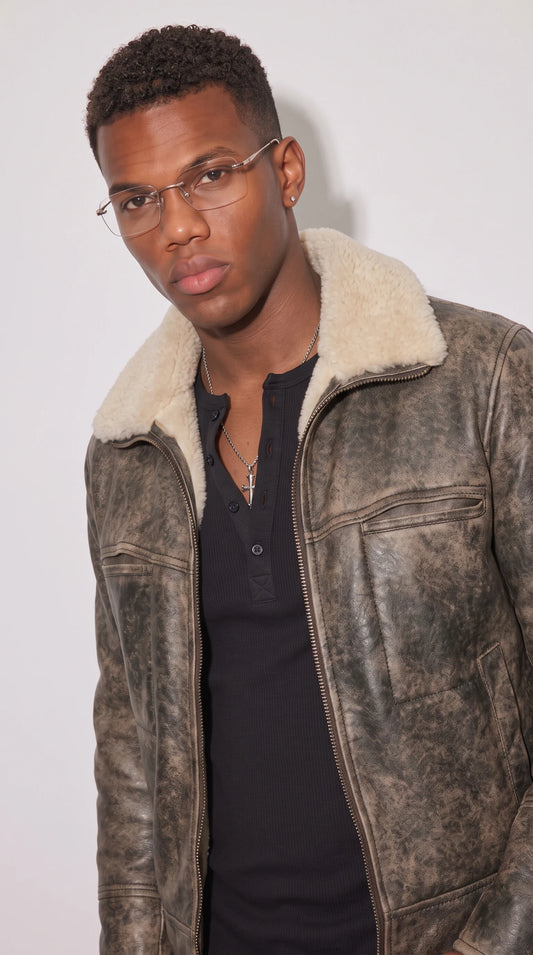 DARK GREY DISTRESSED LEATHER WITH WHITE SHEARLING JACKET