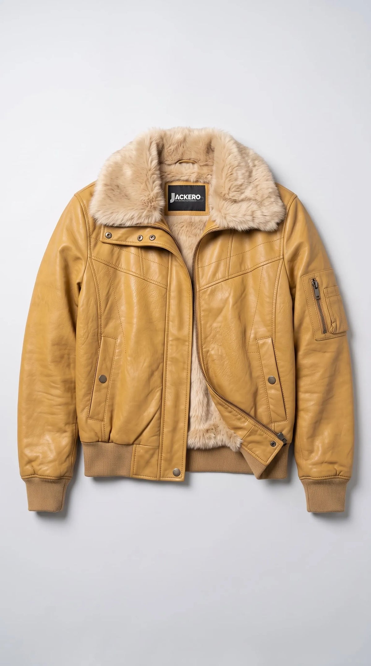 DARK MUSTARD LEATHER JACKET WITH FUR