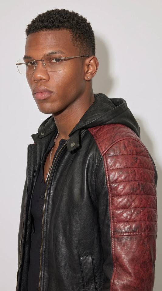 PREMIUM DARK BLACK AND RED QUILTED LEATHER JACKET WITH HOOD