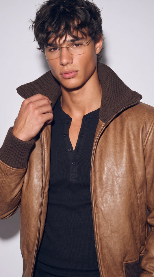 DARK BROWN LEATHER BOMBER JACKET
