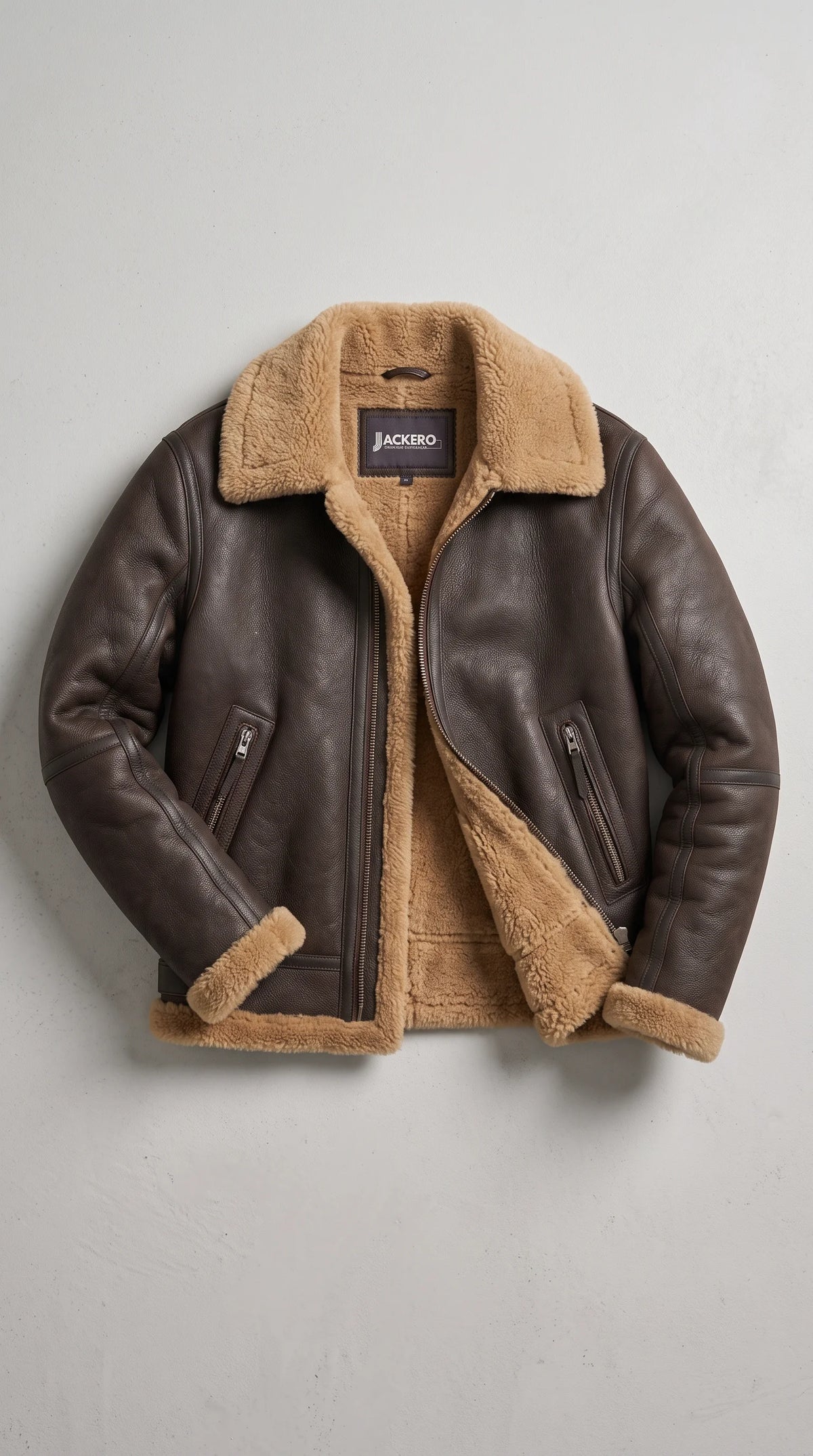 DARK BROWN LEATHER AVIATOR JACKET WITH TAN SHEARLING