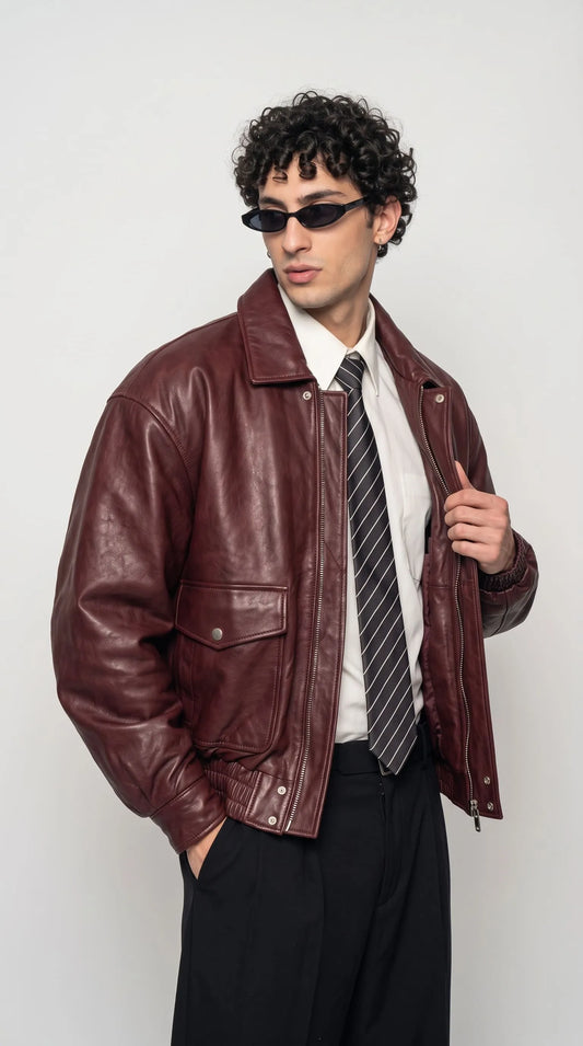 DARK RED LEATHER OVERSIZED BOMBER JACKET