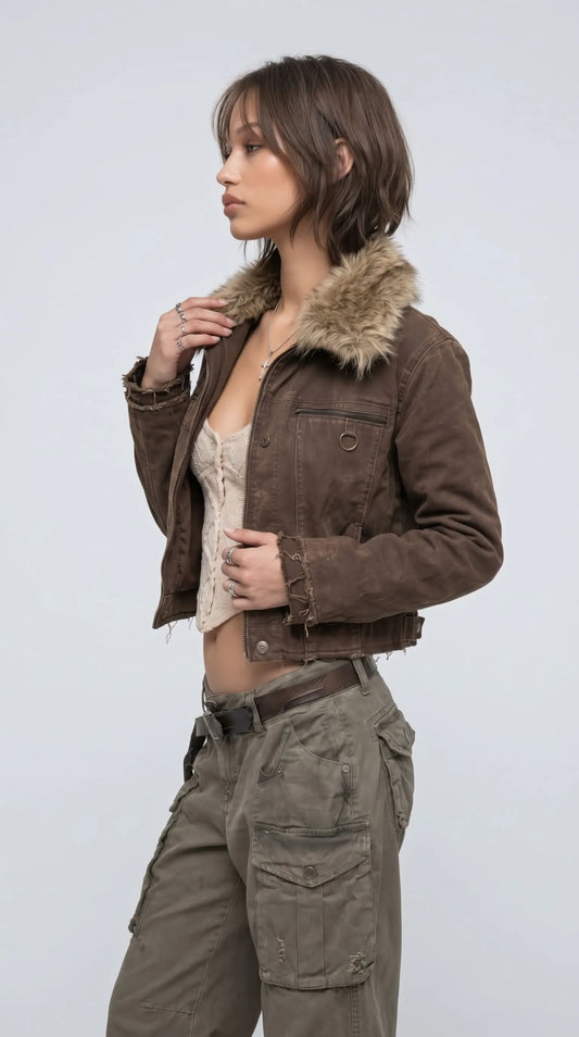 DARK KHAKI DENIM YK2 JACKET WITH FUR COLLAR