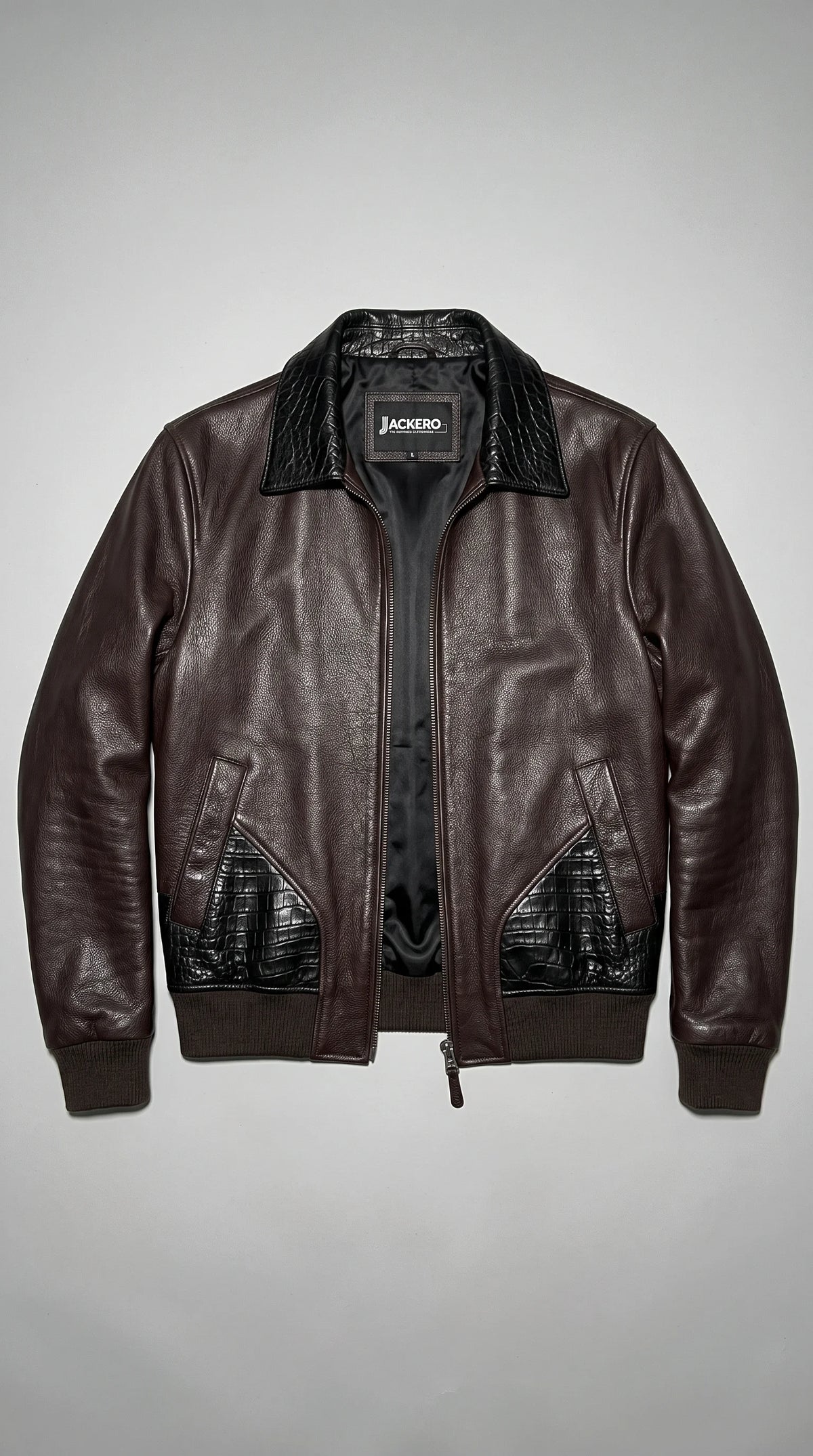DARK BROWN LEATHER AND BLACK CROCODILE LEATHER JACKET