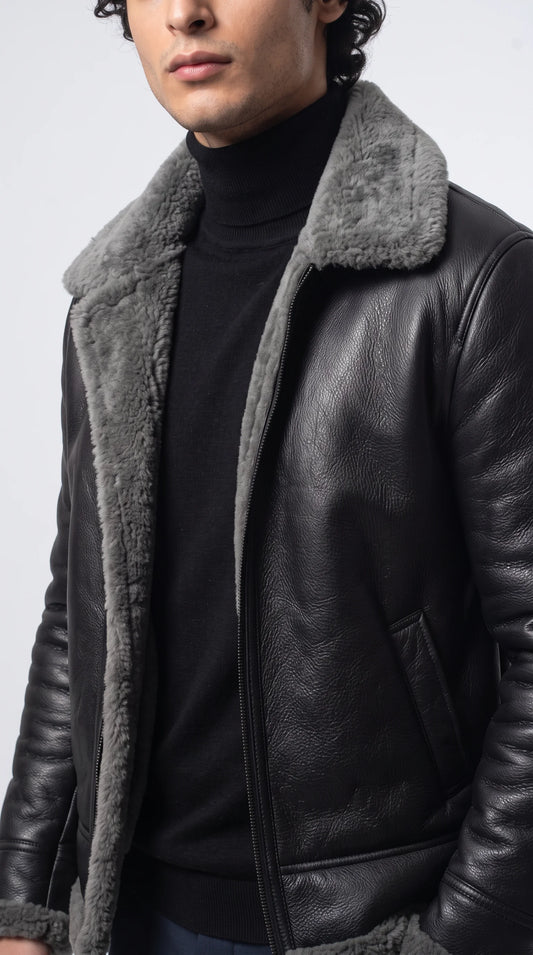 BLACK LEATHER JACKET WITH GREY SHEARLING