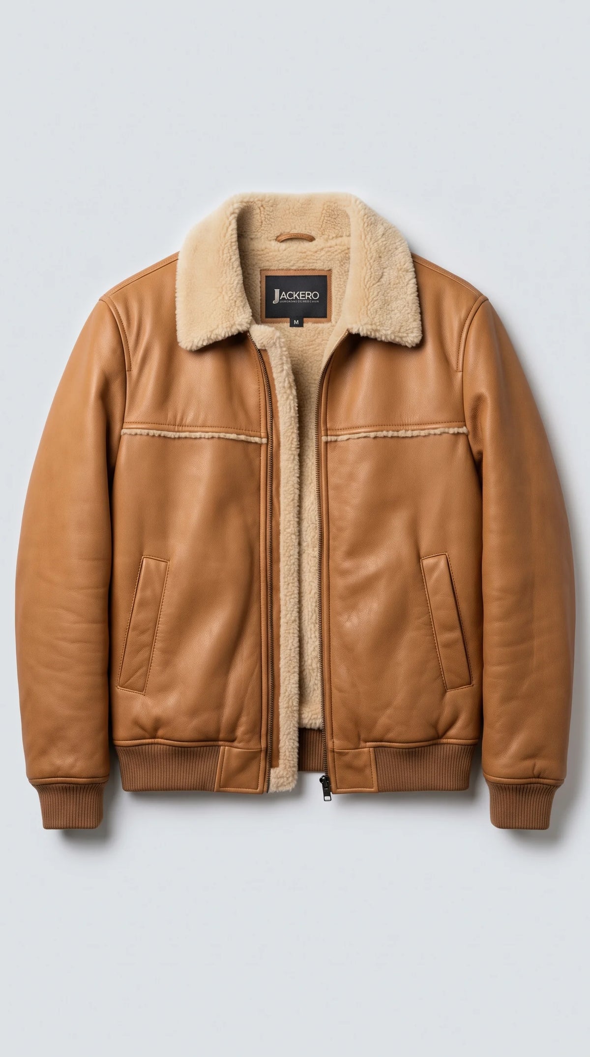 LIGHT TAN LEATHER JACKET WITH CREAM SHEARLING