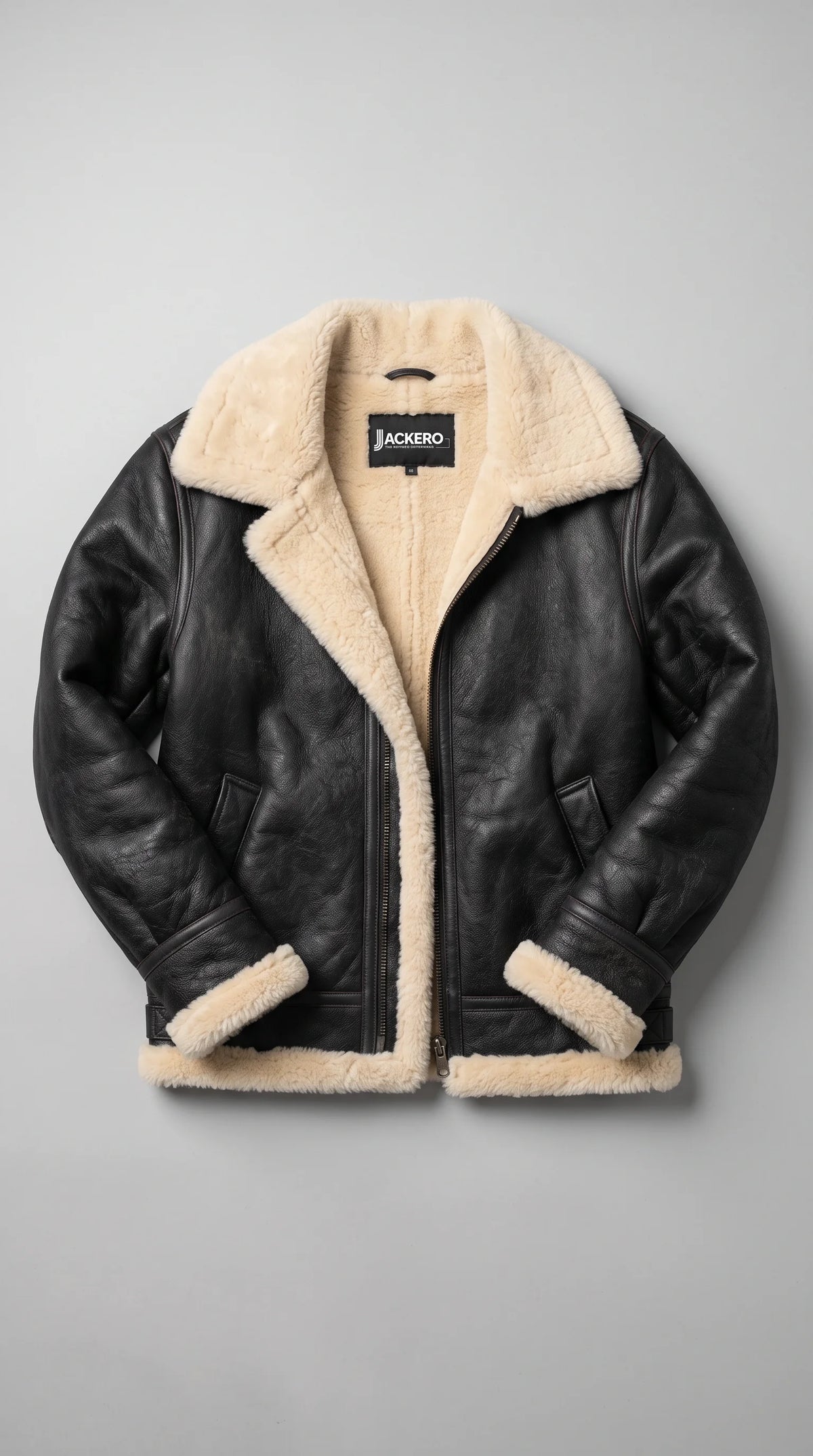 PREMIUM BLACK LEATHER AVIATOR FLIGHT JACKET WITH FAUX CREAM SHEARLING