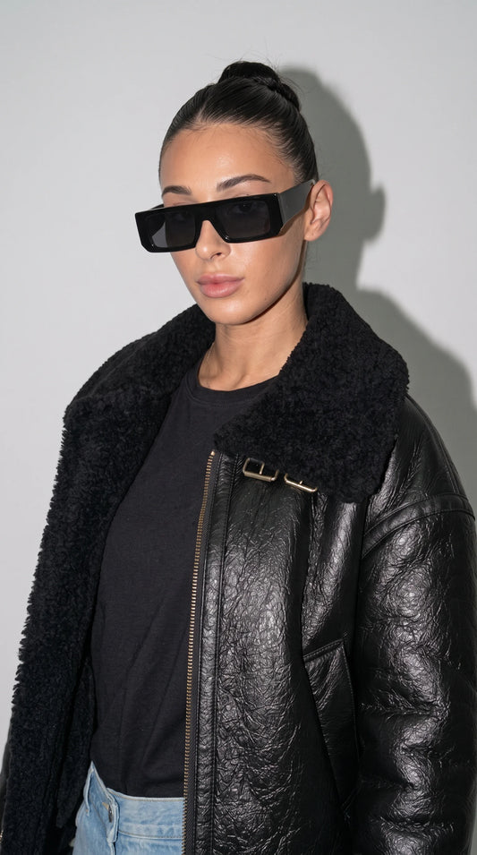 BLACK LEATHER AVIATOR FLIGHT JACKET WITH FAUX SHEARLING