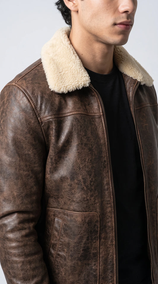 DARK BROWN DISTRESSED LEATHER BOMBER JACKET WITH CREAM SHEARLING