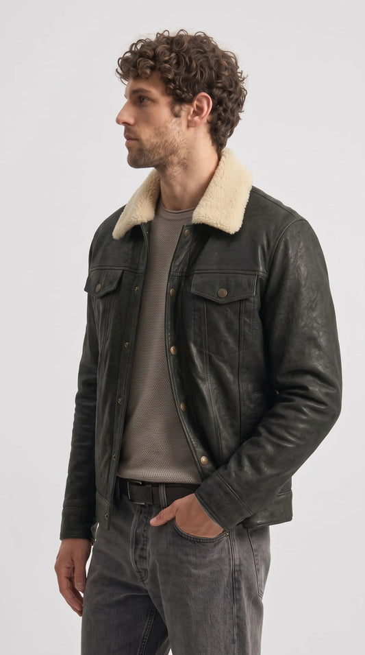 BLACK LEATHER TRUCKER JACKET WITH CREAM SHEARLING COLLAR