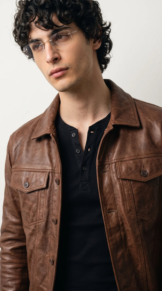 DARK TAN BROWN DISTRESSED LEATHER JACKET