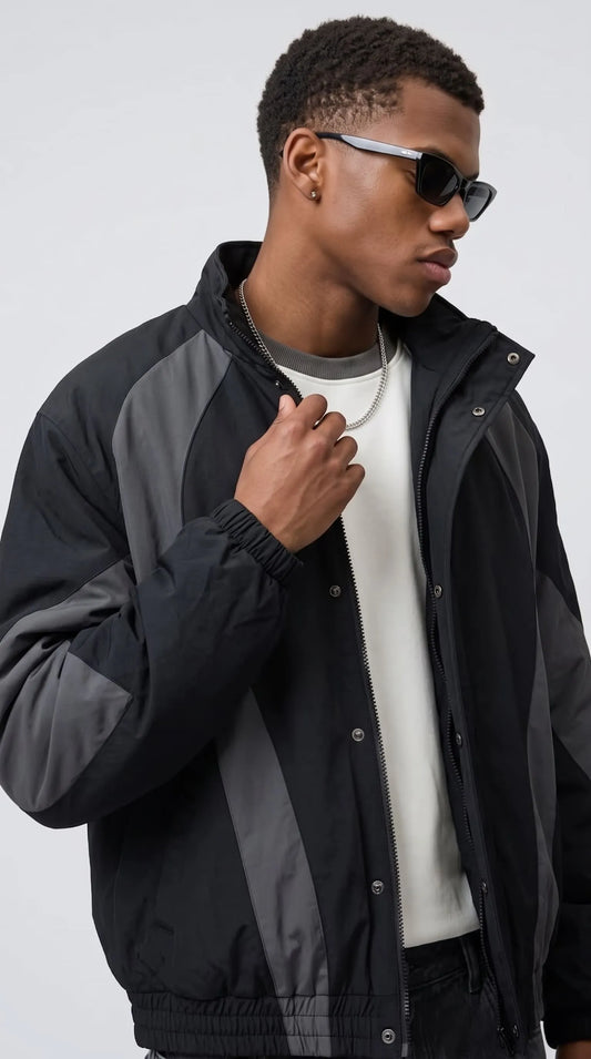 BLACK AND DARK GREY NYLON Y2K OVERSIZED JACKET