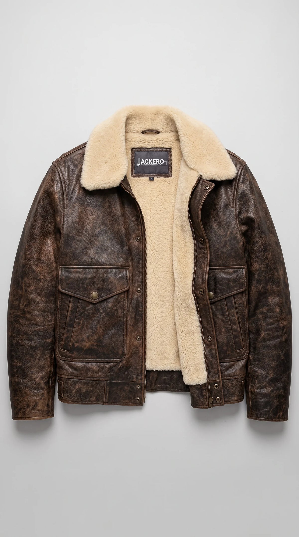DARK BROWN DISTRESSED LEATHER FLIGHT JACKET WITH CREAM SHEARLING