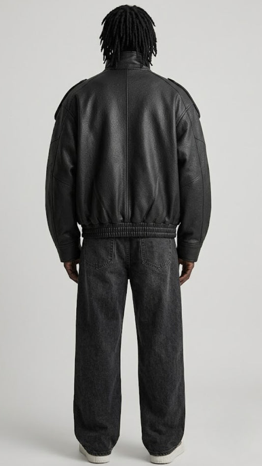 BLACK WRAP-AROUND HIGH NECK LEATHER OVERSIZED JACKET
