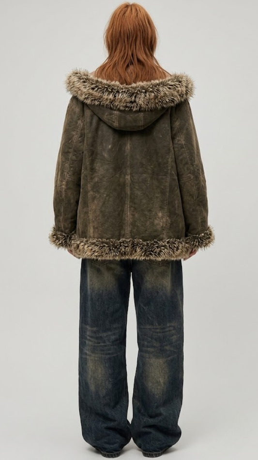 DARKEST OLIVE SUEDE BAGGY OVERSIZED VINTAGE YK2 JACKET WITH FUR