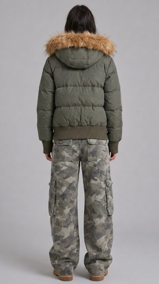OLIVE PUFFER OVERSIZE JACKET WITH FUR