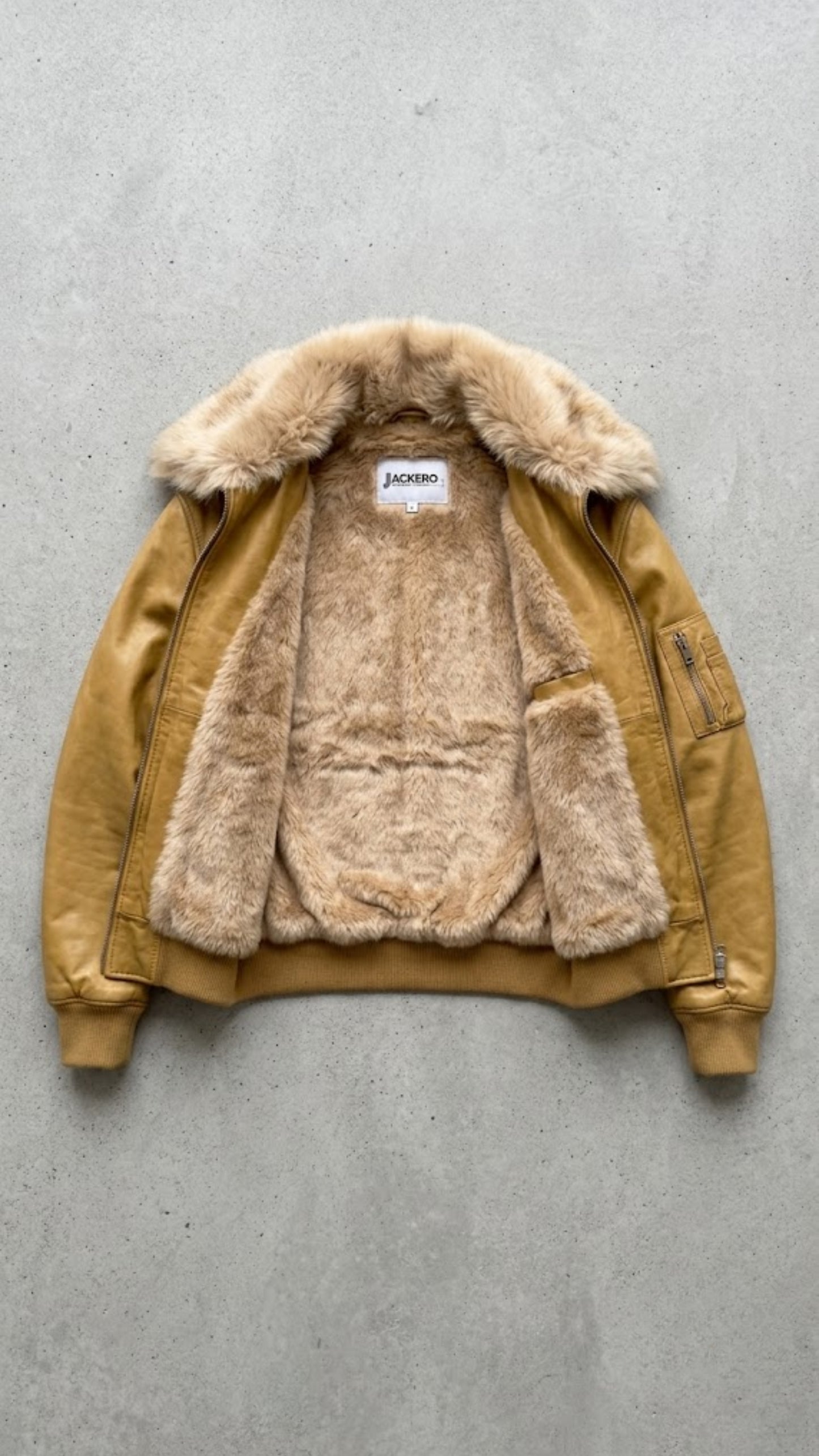 DARK MUSTARD LEATHER JACKET WITH FUR