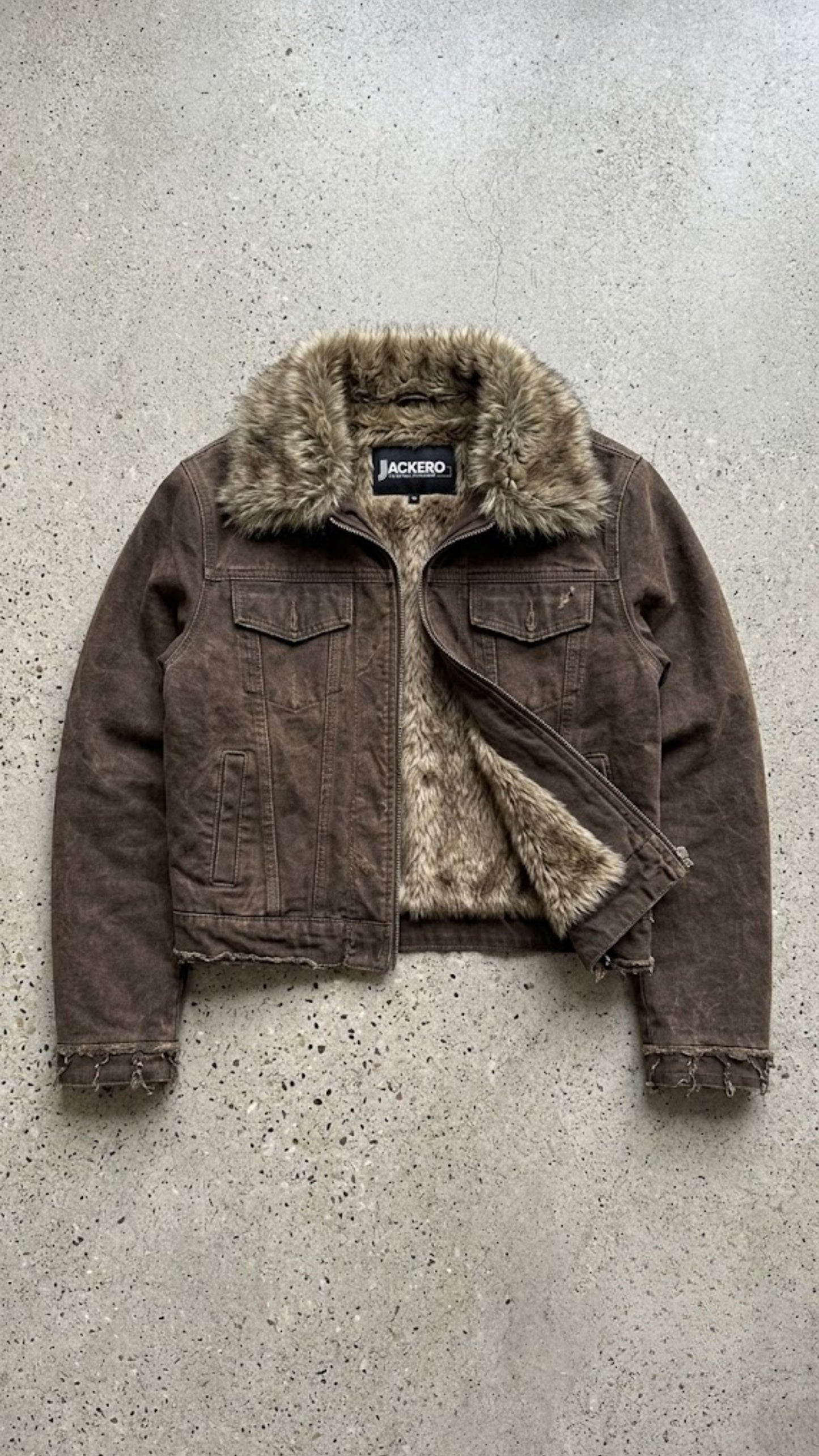 DARK KHAKI DENIM YK2 JACKET WITH FUR COLLAR