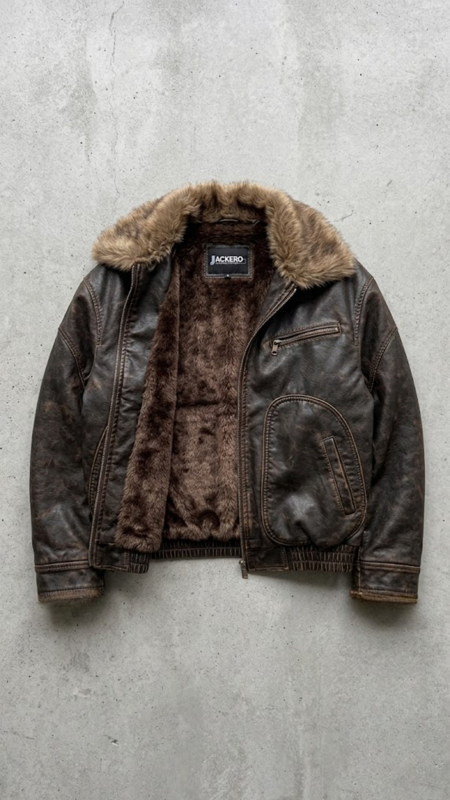 DARK BROWN DISTRESSED LEATHER BAGGY OVERSIZED JACKET WITH FUR