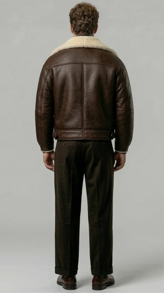 DARK BROWN LEATHER AVIATOR JACKET WITH CREAM SHEARLING