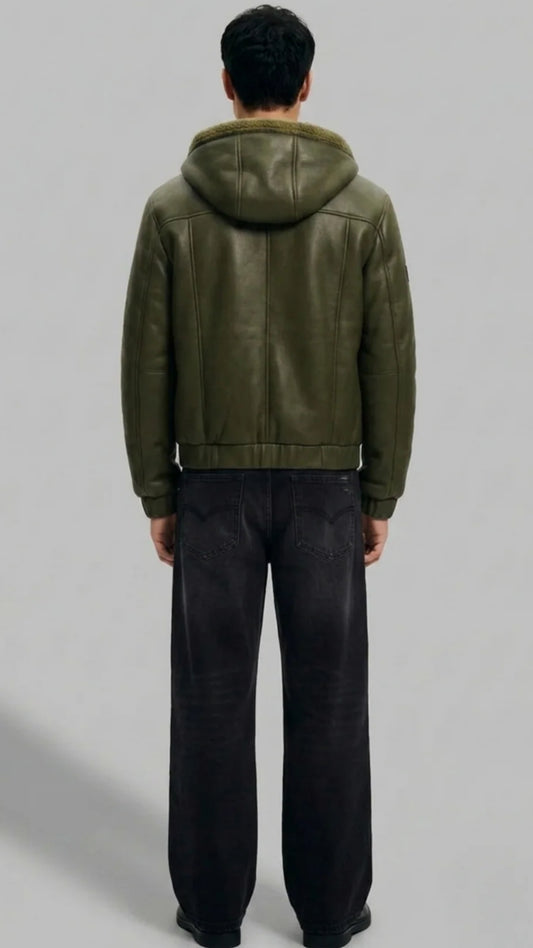 DARK GREEN LEATHER BOMBER JACKET WITH SHEARLING-LINED HOOD
