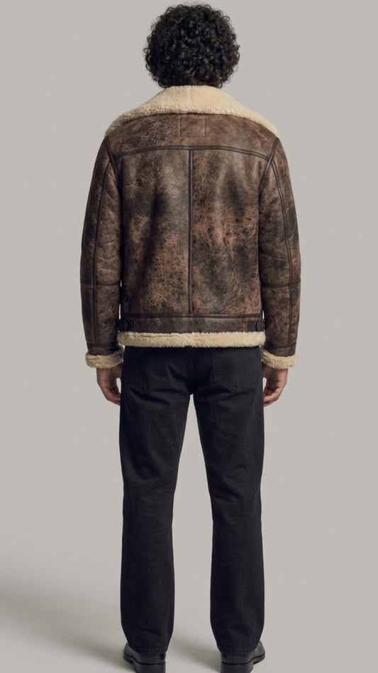 DARK BROWN DISTRESSED AVIATOR JACKET WITH CREAM SHEARLING