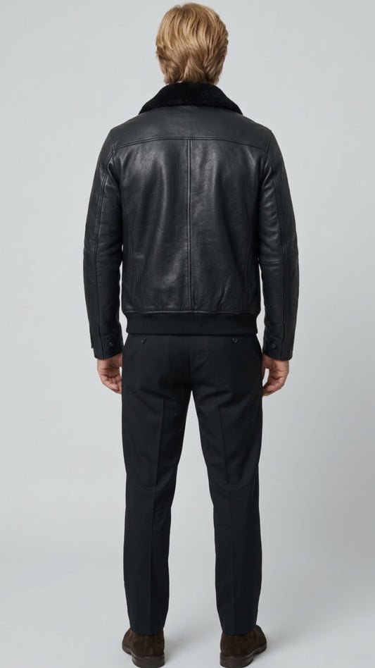 BLACK LEATHER BOMBER JACKET WITH BLACK SHEARLING