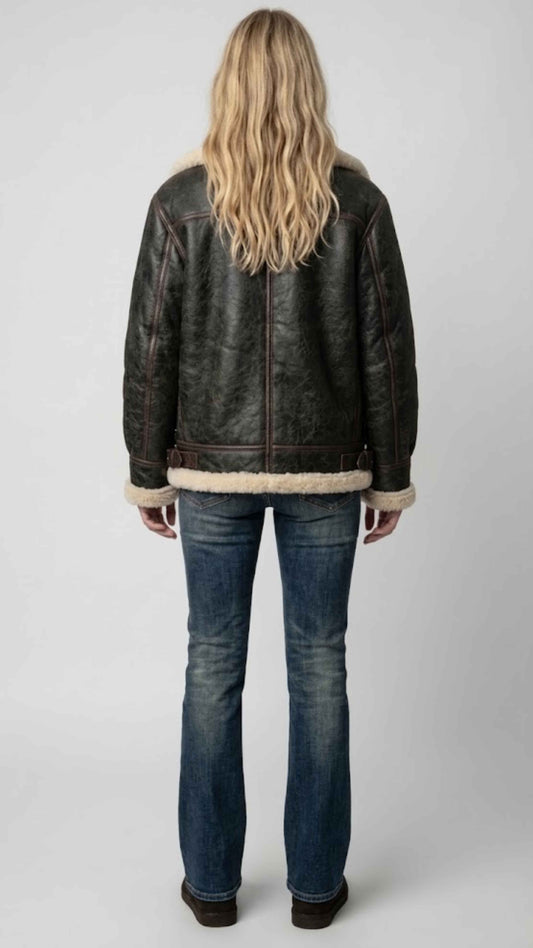 PREMIUM BLACK LEATHER AVIATOR FLIGHT JACKET WITH FAUX CREAM SHEARLING
