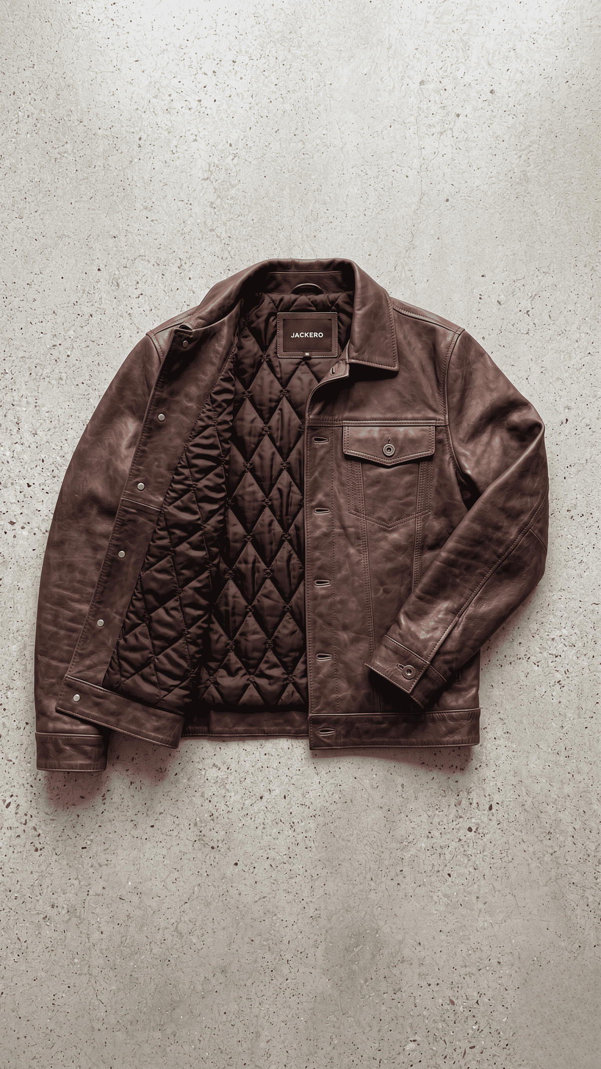 Professional product flat lay presentation displaying the premium dark tan brown distressed leather coat laid out flat on a clean background.